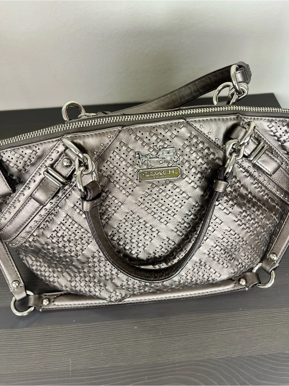 Coach Madison Sophia Pewter Woven Leather Satchel Gun Metal Bag